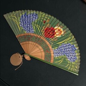 Vintage Floral Hand Fan with Green and Red Accents